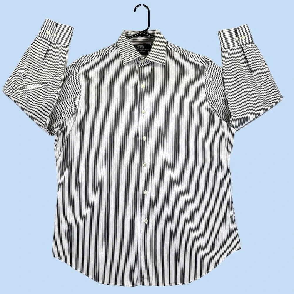 Vintage‎ Polo Ralph Lauren Button Up Men (L) 16.5 Blue White Regent Classic Fit